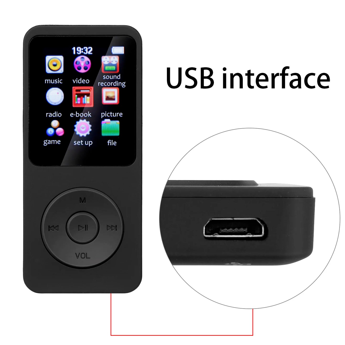 MP3 Bluetooth Player with Type-C Interface for Fast Charging 5.4 Bluetooth Version Expandable Memory Card Music Player FM E-Book