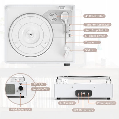 Record Player Turntable Bluetooth Vinyl Record Player Wireless Audio Turntable,Silver White