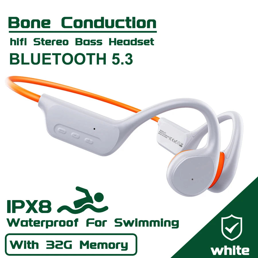IPX8 Waterproof Swimming Diving Bone Conduction Headphone Bluetooth 5.3 Bass Wireless Headset MP3 (32G) Player Fitness Earphone