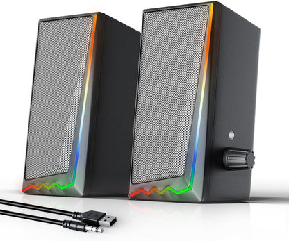 Computer Speakers, Desktop Speakers with Various Colorful LED, Gaming Speakers with Volume Control,For PC, AC Adapter Powered and 3.5Mm Aux-In Computer Speakers